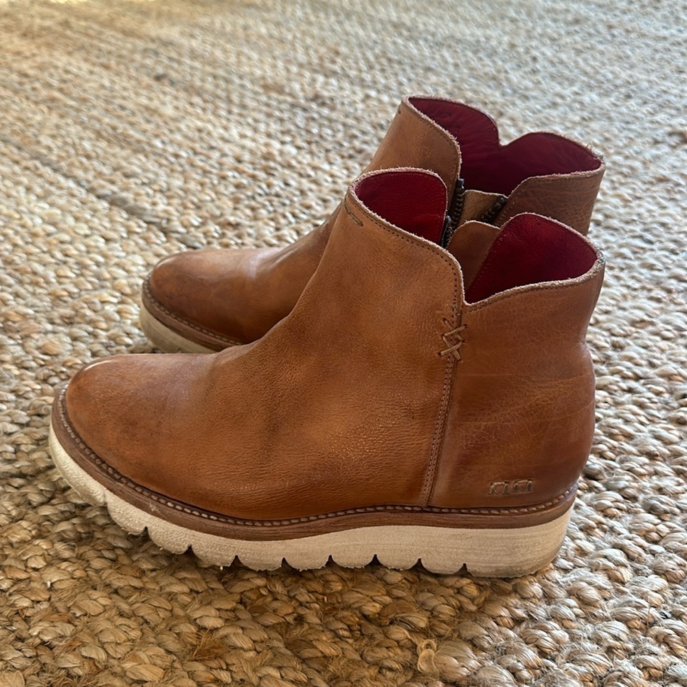 Bed Stu Tan Leather Ankle Boots with Red Lining